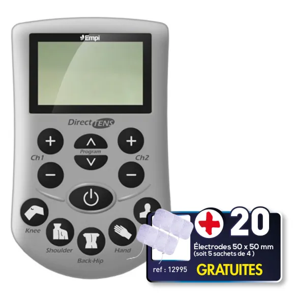 PACK NEUROSTIMULATEUR ÉLECTRIQUE DIRECT TENS + 20 ÉLECTRODES OFFERTES