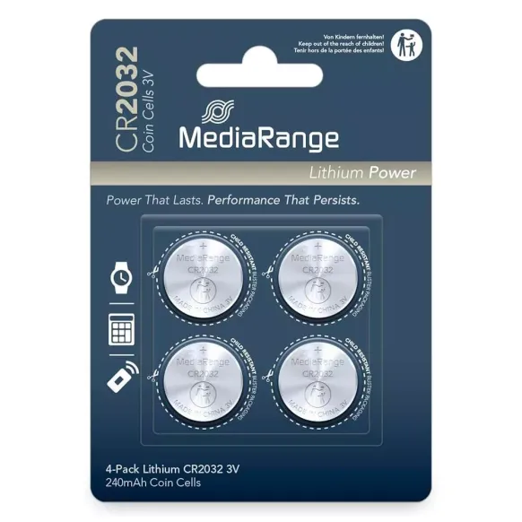 PILES BOUTON AU LITHIUM CR2032 3 V MEDIARANGE - LOT DE 4 PILES
