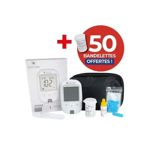 PACK GLUCOMÈTRE JT100 + 50 BANDELETTES TB100 SUIVI GLYCÉMIQUE COMPLET SPENGLER OFFERT