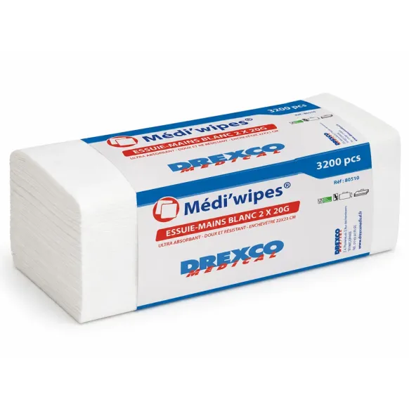 ESSUIE-MAINS MEDI'WIPES DOUBLE ÉPAISSEUR PLIAGE W MEDICLINIC - 3200 pièces