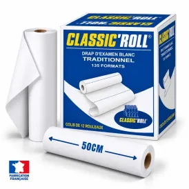 Rouleau de drap d'examen Classic'Roll blanc déroulé – largeur 50 cm avec prédécoupes tous les 35 cm
