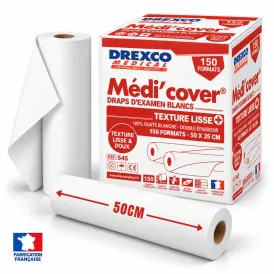 Draps d'examen Médi'cover blancs en pure ouate de cellulose 2 plis 50 x 35 cm – carton de 12 rouleaux de 150 formats